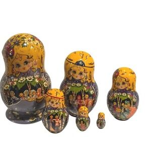 Russian Matryoshka Nesting Dolls 6pc Sergiyev Posad Hand Painted Yellow Purple